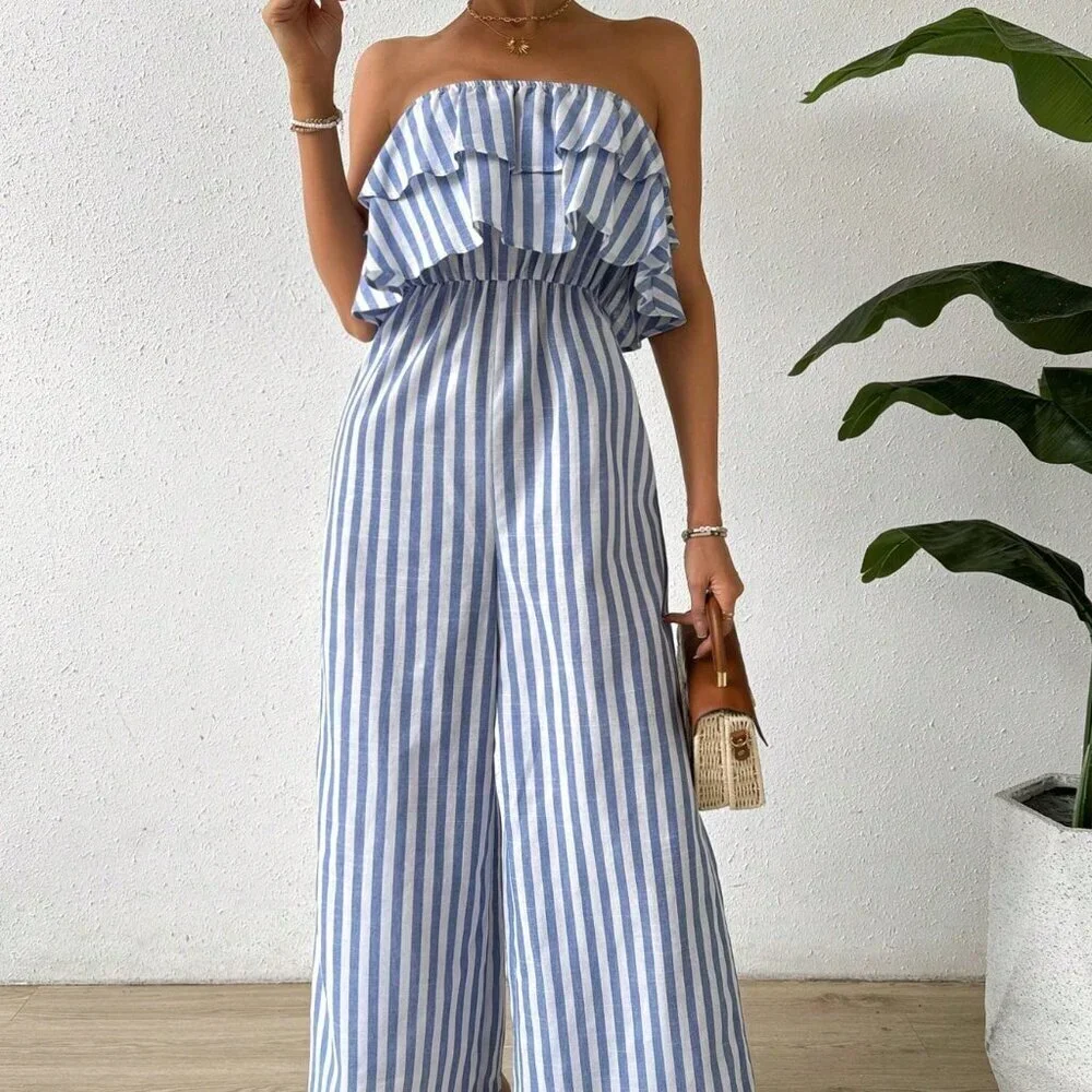 Blue and White Boho Women's Striped Strapless Wide Leg Jumpsuit With Ruffled - Picture 3 of 8